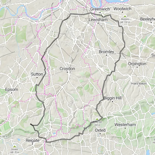 Map miniature of "The Surrey Hills Challenge" cycling inspiration in Surrey, East and West Sussex, United Kingdom. Generated by Tarmacs.app cycling route planner