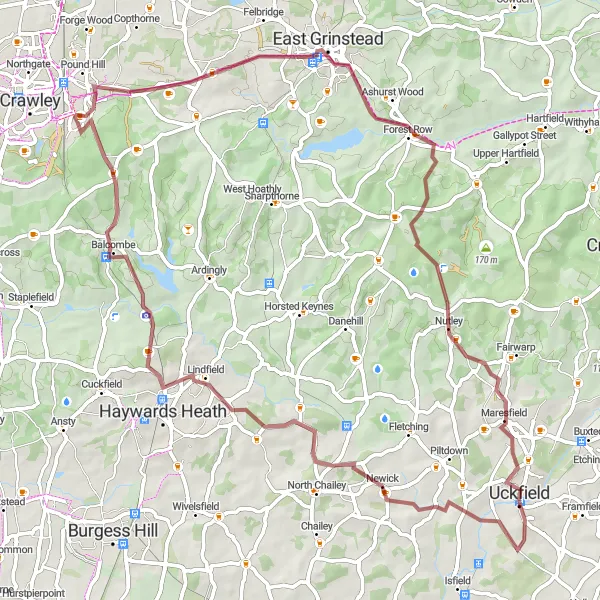 Map miniature of "The Worth Forest Gravel Circuit" cycling inspiration in Surrey, East and West Sussex, United Kingdom. Generated by Tarmacs.app cycling route planner