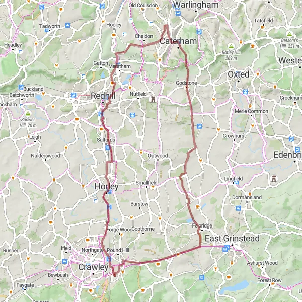 Map miniature of "Gravel Adventure through Horley and Worth" cycling inspiration in Surrey, East and West Sussex, United Kingdom. Generated by Tarmacs.app cycling route planner