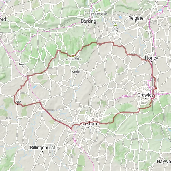 Map miniature of "Pease Pottage Gravel Loop" cycling inspiration in Surrey, East and West Sussex, United Kingdom. Generated by Tarmacs.app cycling route planner