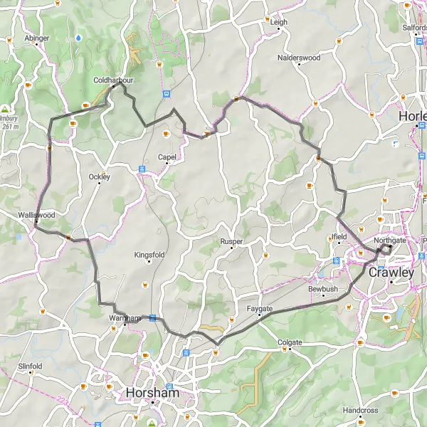 Map miniature of "Scenic Sussex Ride: Warnham to the Northgate" cycling inspiration in Surrey, East and West Sussex, United Kingdom. Generated by Tarmacs.app cycling route planner