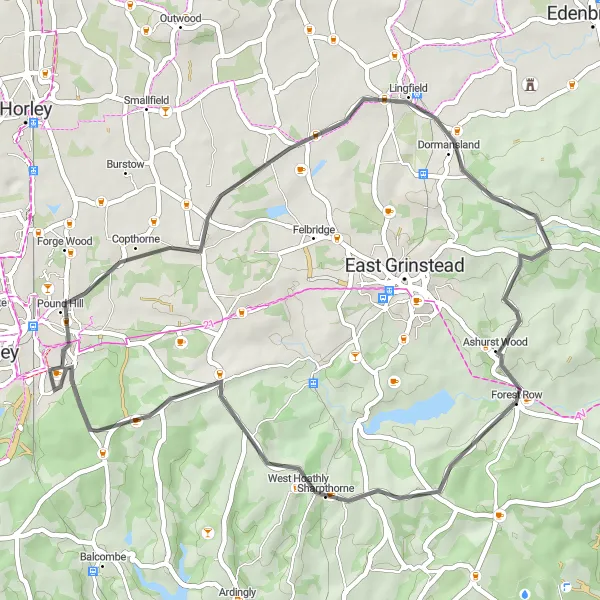 Map miniature of "Forest Loop Road Ride" cycling inspiration in Surrey, East and West Sussex, United Kingdom. Generated by Tarmacs.app cycling route planner