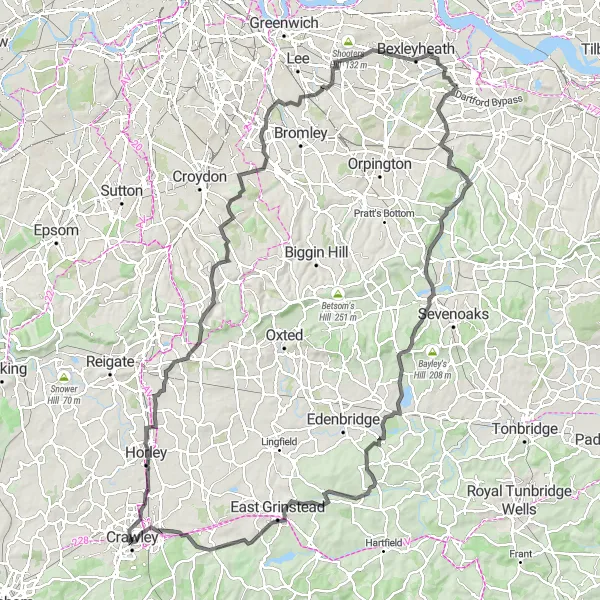 Map miniature of "Surrey and Kent Hills Challenge" cycling inspiration in Surrey, East and West Sussex, United Kingdom. Generated by Tarmacs.app cycling route planner