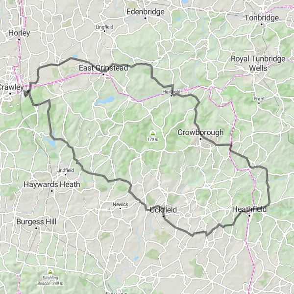 Map miniature of "Surrey Hills and Worth Abbey Loop" cycling inspiration in Surrey, East and West Sussex, United Kingdom. Generated by Tarmacs.app cycling route planner