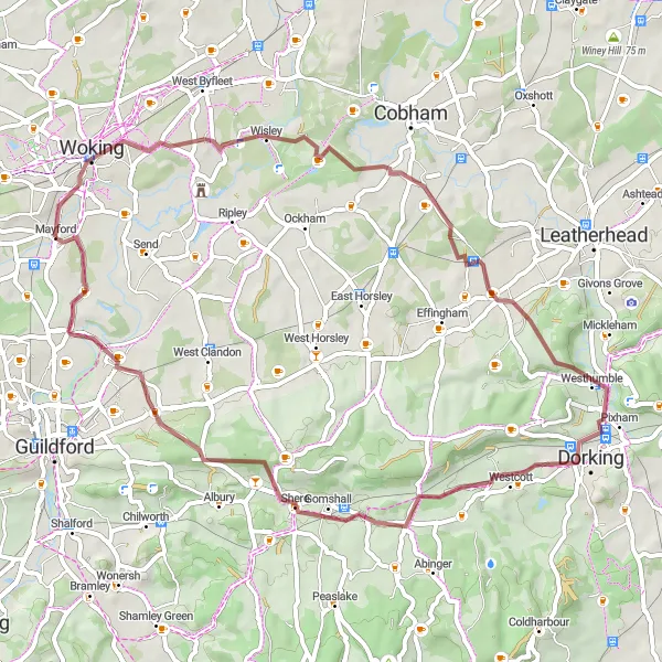 Map miniature of "Mayford to Wisley Loop" cycling inspiration in Surrey, East and West Sussex, United Kingdom. Generated by Tarmacs.app cycling route planner