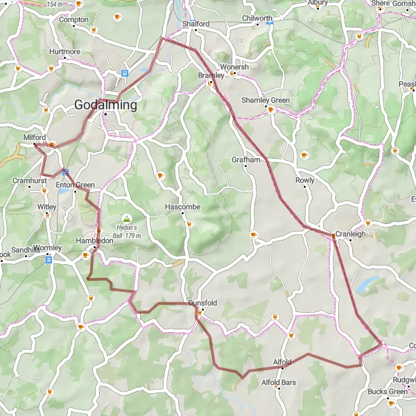 Map miniature of "The Countryside Gravel Tour" cycling inspiration in Surrey, East and West Sussex, United Kingdom. Generated by Tarmacs.app cycling route planner