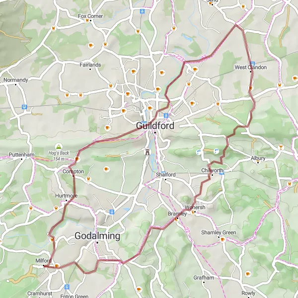 Map miniature of "The Surrey Gravel Loop" cycling inspiration in Surrey, East and West Sussex, United Kingdom. Generated by Tarmacs.app cycling route planner