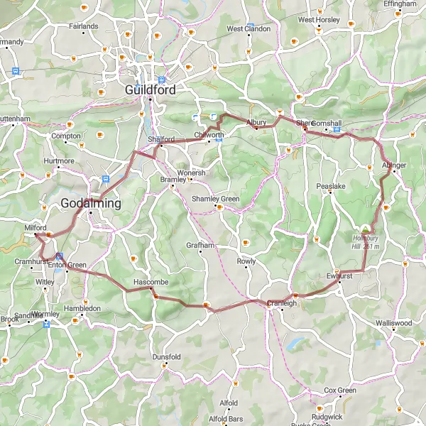 Map miniature of "The Sussex Gravel Adventure" cycling inspiration in Surrey, East and West Sussex, United Kingdom. Generated by Tarmacs.app cycling route planner