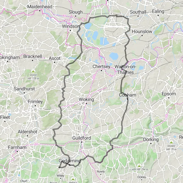 Map miniature of "West Sussex Odyssey" cycling inspiration in Surrey, East and West Sussex, United Kingdom. Generated by Tarmacs.app cycling route planner