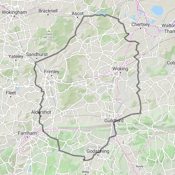 Map miniature of "The Surrey Loop" cycling inspiration in Surrey, East and West Sussex, United Kingdom. Generated by Tarmacs.app cycling route planner