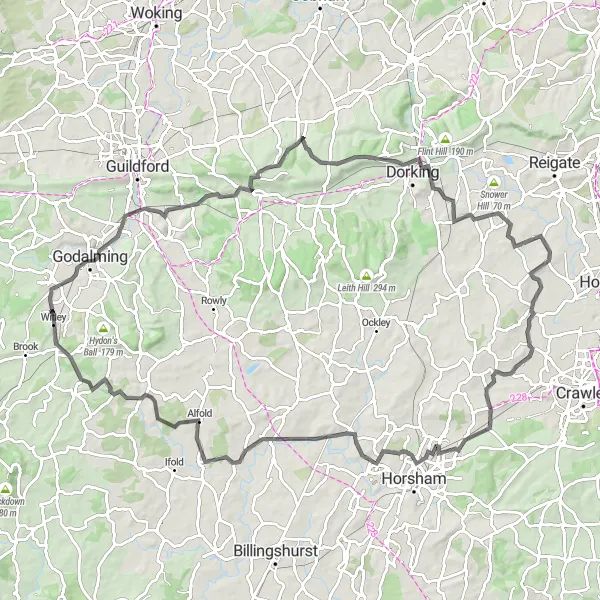 Map miniature of "The Sussex Coastal Ride" cycling inspiration in Surrey, East and West Sussex, United Kingdom. Generated by Tarmacs.app cycling route planner
