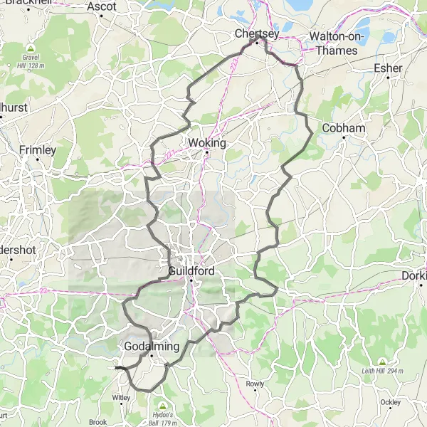 Map miniature of "Surrey Epic" cycling inspiration in Surrey, East and West Sussex, United Kingdom. Generated by Tarmacs.app cycling route planner