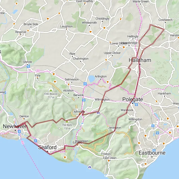 Map miniature of "The Gravel Path of Discovery" cycling inspiration in Surrey, East and West Sussex, United Kingdom. Generated by Tarmacs.app cycling route planner