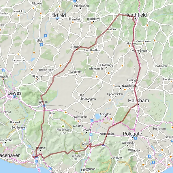 Map miniature of "Newhaven Gravel Escape" cycling inspiration in Surrey, East and West Sussex, United Kingdom. Generated by Tarmacs.app cycling route planner