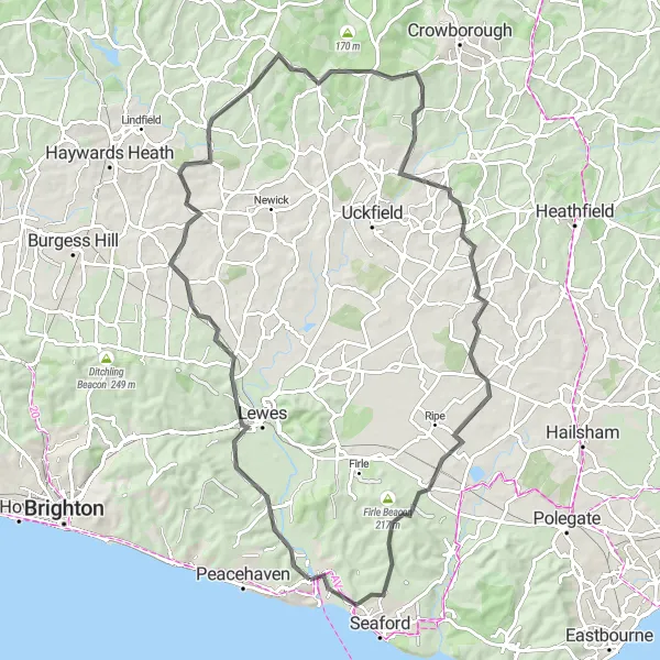 Map miniature of "Newhaven to Rodmell Loop" cycling inspiration in Surrey, East and West Sussex, United Kingdom. Generated by Tarmacs.app cycling route planner