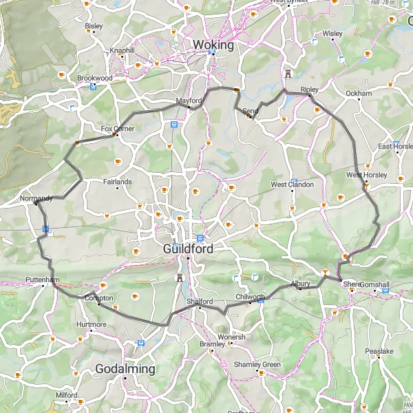 Map miniature of "Countryside Delights" cycling inspiration in Surrey, East and West Sussex, United Kingdom. Generated by Tarmacs.app cycling route planner