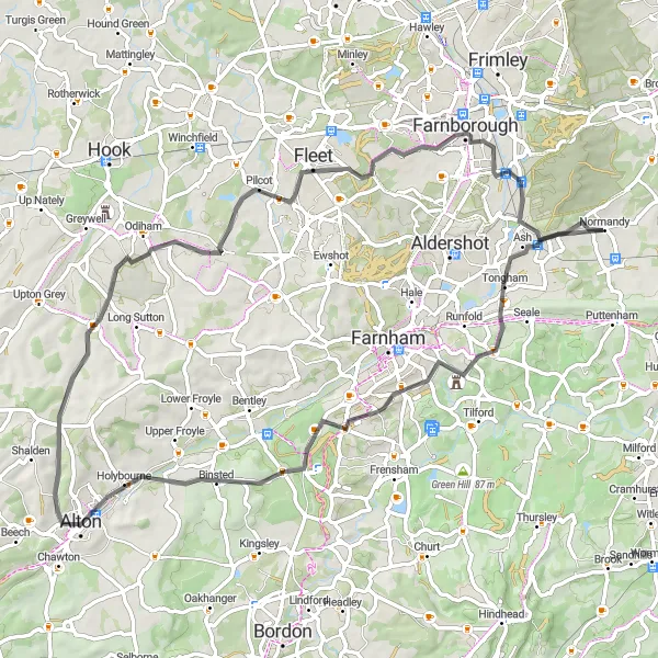 Map miniature of "Tongham and Alton Loop" cycling inspiration in Surrey, East and West Sussex, United Kingdom. Generated by Tarmacs.app cycling route planner