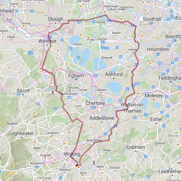 Map miniature of "Woking and Windsor Castle Gravel Adventure" cycling inspiration in Surrey, East and West Sussex, United Kingdom. Generated by Tarmacs.app cycling route planner