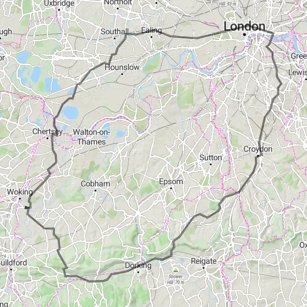 Map miniature of "The Surrey Hills Loop" cycling inspiration in Surrey, East and West Sussex, United Kingdom. Generated by Tarmacs.app cycling route planner