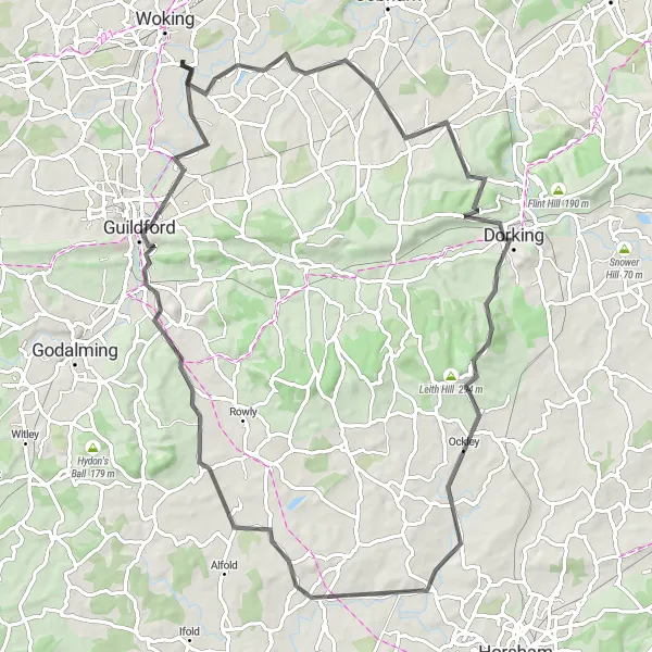 Map miniature of "The Surrey Ridges Loop" cycling inspiration in Surrey, East and West Sussex, United Kingdom. Generated by Tarmacs.app cycling route planner