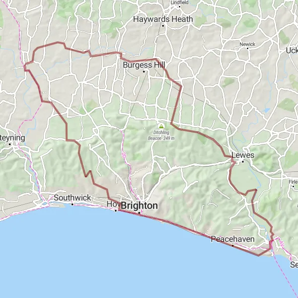 Map miniature of "South Downs Gravel Adventure" cycling inspiration in Surrey, East and West Sussex, United Kingdom. Generated by Tarmacs.app cycling route planner