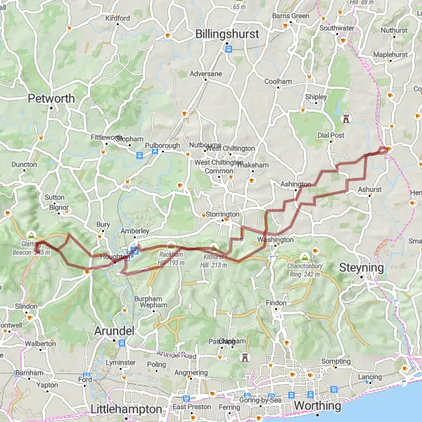 Map miniature of "Gravel Adventure" cycling inspiration in Surrey, East and West Sussex, United Kingdom. Generated by Tarmacs.app cycling route planner