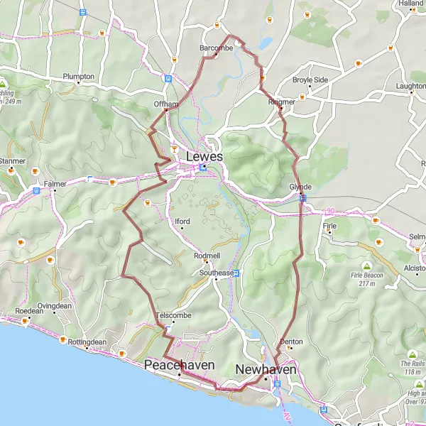 Map miniature of "Peacehaven Gravel Delight" cycling inspiration in Surrey, East and West Sussex, United Kingdom. Generated by Tarmacs.app cycling route planner