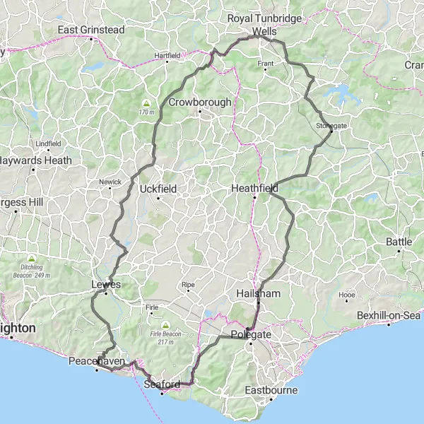 Map miniature of "Exploring the South Downs" cycling inspiration in Surrey, East and West Sussex, United Kingdom. Generated by Tarmacs.app cycling route planner