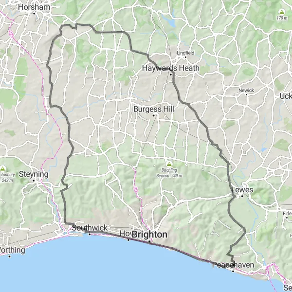 Map miniature of "Peacehaven to Rottingdean Loop" cycling inspiration in Surrey, East and West Sussex, United Kingdom. Generated by Tarmacs.app cycling route planner