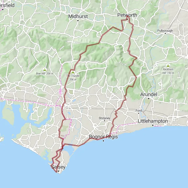 Map miniature of "Petworth House Gravel Adventure" cycling inspiration in Surrey, East and West Sussex, United Kingdom. Generated by Tarmacs.app cycling route planner