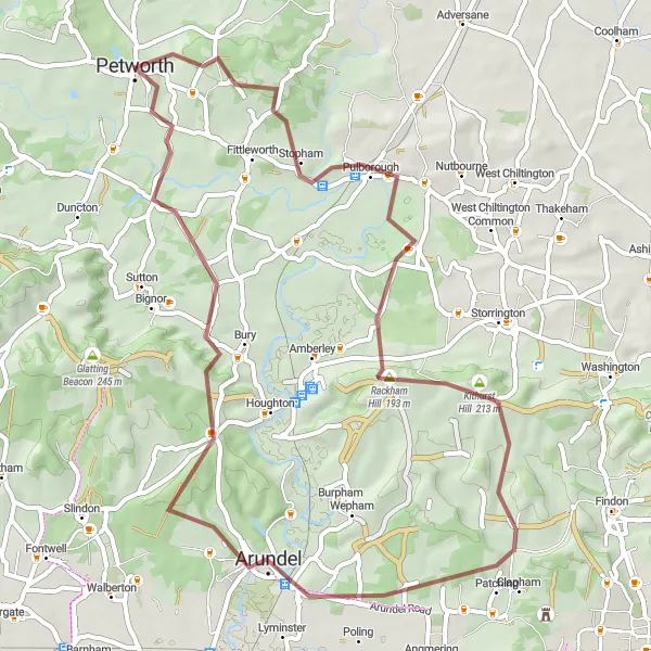 Map miniature of "Petworth Gravel Adventure" cycling inspiration in Surrey, East and West Sussex, United Kingdom. Generated by Tarmacs.app cycling route planner
