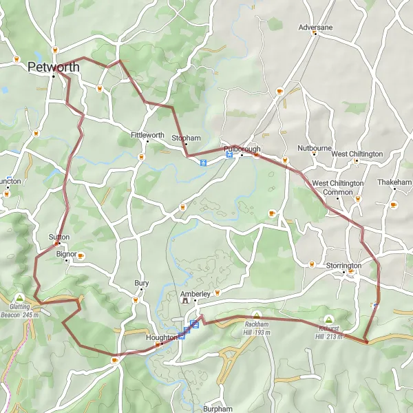 Map miniature of "Petworth Gravel Escape" cycling inspiration in Surrey, East and West Sussex, United Kingdom. Generated by Tarmacs.app cycling route planner