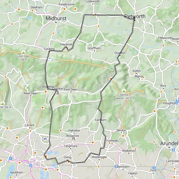 Map miniature of "Dunction Hill Loop" cycling inspiration in Surrey, East and West Sussex, United Kingdom. Generated by Tarmacs.app cycling route planner