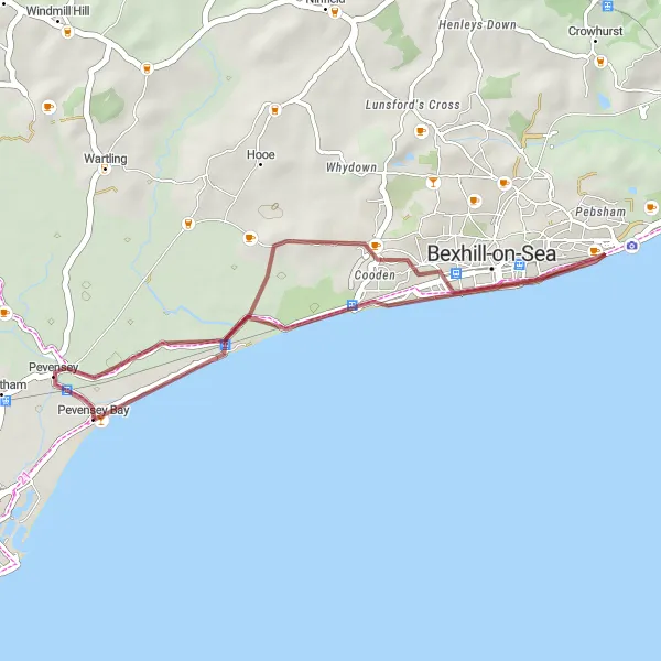 Map miniature of "Seaside Gravel Escape" cycling inspiration in Surrey, East and West Sussex, United Kingdom. Generated by Tarmacs.app cycling route planner