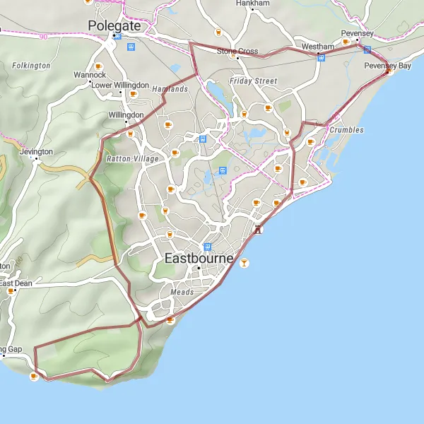 Map miniature of "Pevensey Bay and Cow Gap Gravel Loop" cycling inspiration in Surrey, East and West Sussex, United Kingdom. Generated by Tarmacs.app cycling route planner