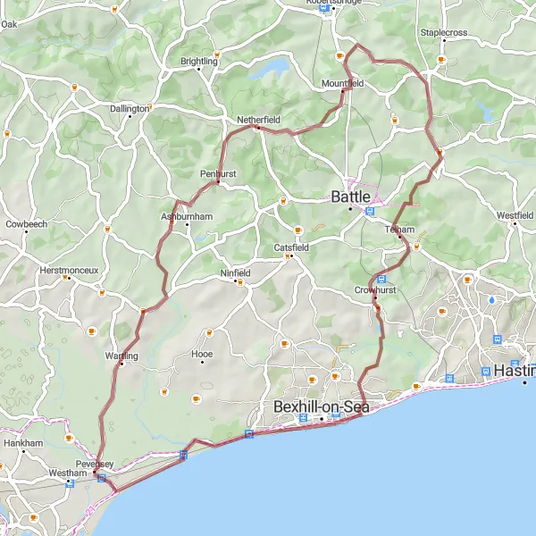 Map miniature of "Penhurst and Galley Hill Gravel Exploration" cycling inspiration in Surrey, East and West Sussex, United Kingdom. Generated by Tarmacs.app cycling route planner