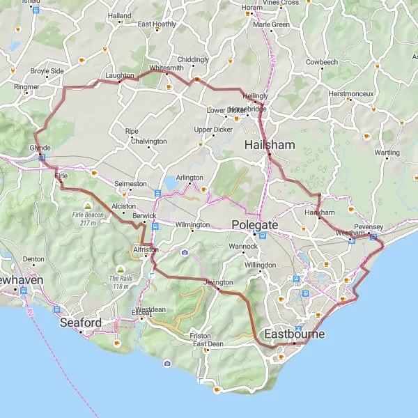 Map miniature of "Historic Gravel Expedition" cycling inspiration in Surrey, East and West Sussex, United Kingdom. Generated by Tarmacs.app cycling route planner