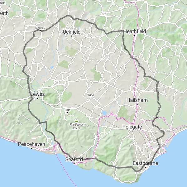 Map miniature of "Countryside Road Adventure" cycling inspiration in Surrey, East and West Sussex, United Kingdom. Generated by Tarmacs.app cycling route planner