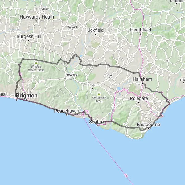 Map miniature of "Pevensey Bay to Hailsham Scenic Road Ride" cycling inspiration in Surrey, East and West Sussex, United Kingdom. Generated by Tarmacs.app cycling route planner