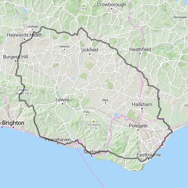 Map miniature of "Pevensey Bay to Pevensey Road Challenge" cycling inspiration in Surrey, East and West Sussex, United Kingdom. Generated by Tarmacs.app cycling route planner