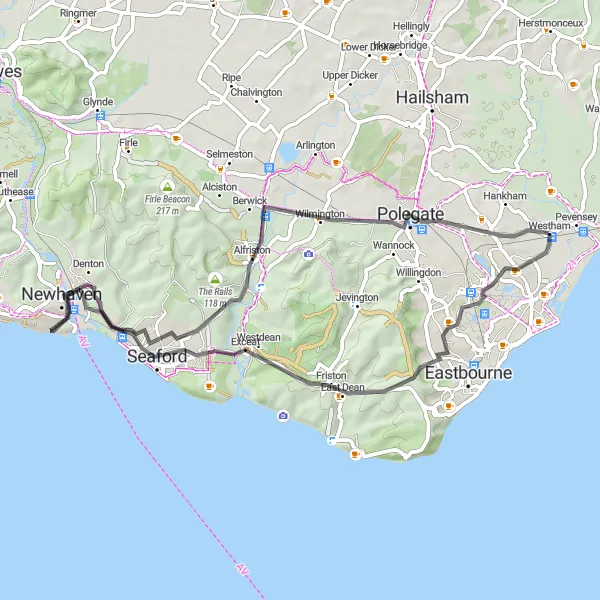 Map miniature of "East Dean to Westham Road Adventure" cycling inspiration in Surrey, East and West Sussex, United Kingdom. Generated by Tarmacs.app cycling route planner