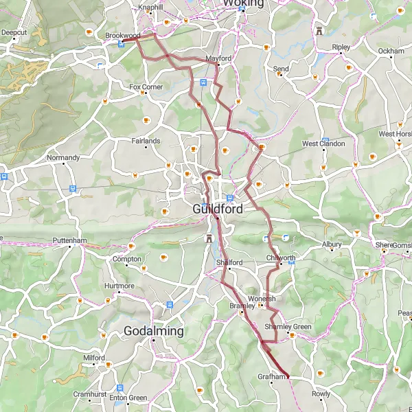 Map miniature of "Pirbright Gravel Adventure" cycling inspiration in Surrey, East and West Sussex, United Kingdom. Generated by Tarmacs.app cycling route planner