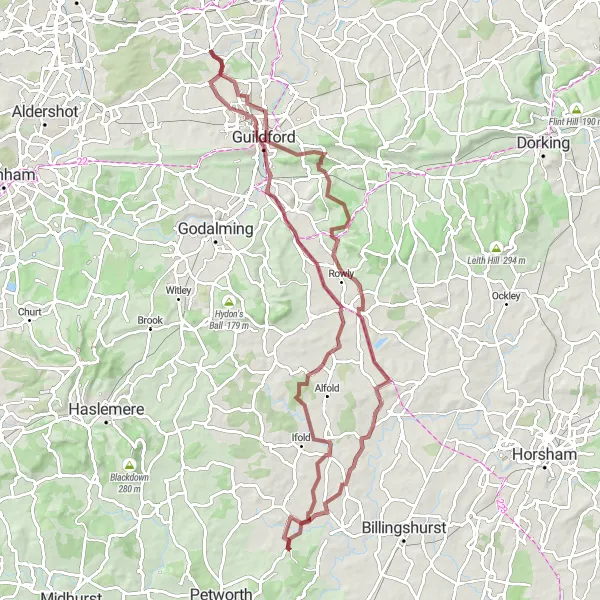 Map miniature of "Surrey and Sussex Gravel Explorer" cycling inspiration in Surrey, East and West Sussex, United Kingdom. Generated by Tarmacs.app cycling route planner