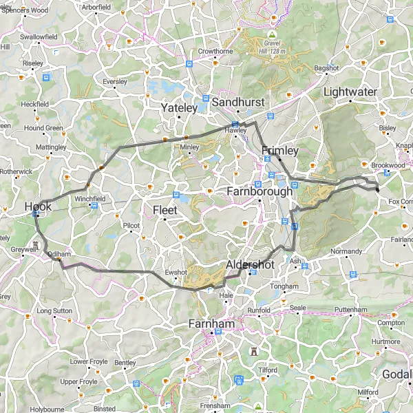 Map miniature of "Pirbright and Aldershot Explorer" cycling inspiration in Surrey, East and West Sussex, United Kingdom. Generated by Tarmacs.app cycling route planner