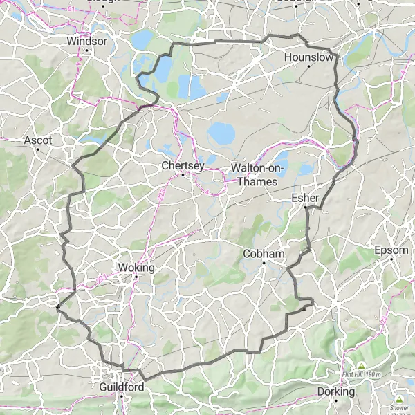 Map miniature of "Pirbright and Sunningdale Circuit" cycling inspiration in Surrey, East and West Sussex, United Kingdom. Generated by Tarmacs.app cycling route planner