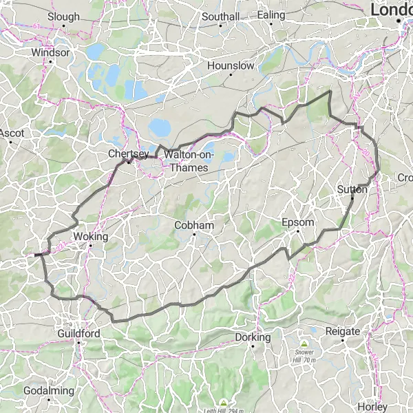 Map miniature of "Challenging Surrey Hills Circuit" cycling inspiration in Surrey, East and West Sussex, United Kingdom. Generated by Tarmacs.app cycling route planner