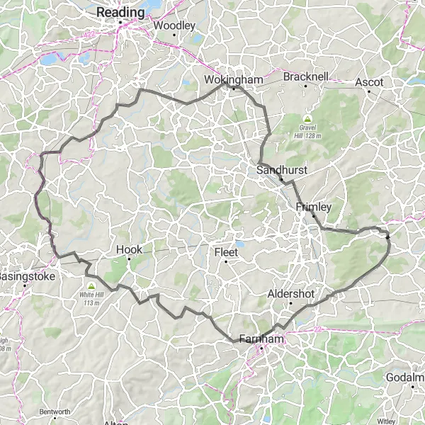 Map miniature of "Pirbright and Badshot Lea Loop" cycling inspiration in Surrey, East and West Sussex, United Kingdom. Generated by Tarmacs.app cycling route planner