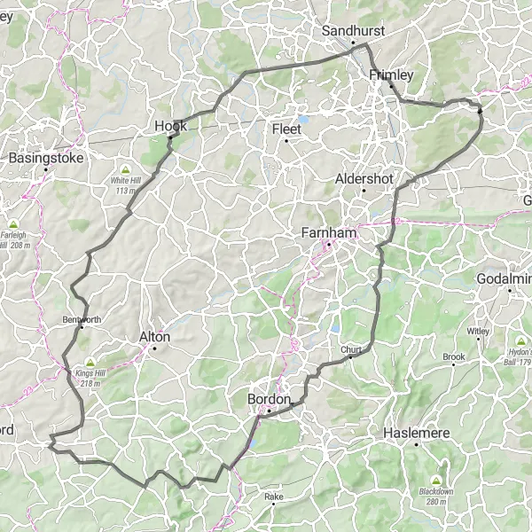 Map miniature of "Surrey's Countryside Gravel Adventure" cycling inspiration in Surrey, East and West Sussex, United Kingdom. Generated by Tarmacs.app cycling route planner