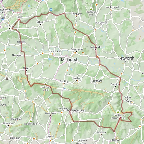 Map miniature of "The Gravel Wonderland" cycling inspiration in Surrey, East and West Sussex, United Kingdom. Generated by Tarmacs.app cycling route planner