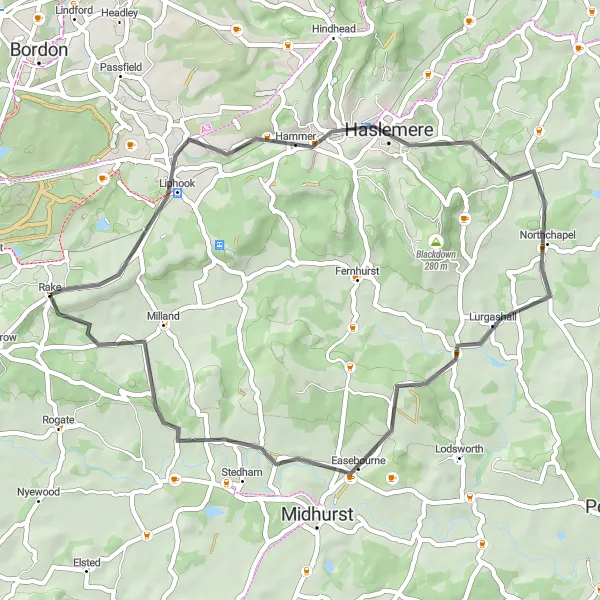 Map miniature of "The Scenic Road Adventure" cycling inspiration in Surrey, East and West Sussex, United Kingdom. Generated by Tarmacs.app cycling route planner